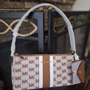 Michael Kors Brown and White MK Shoulder Bag